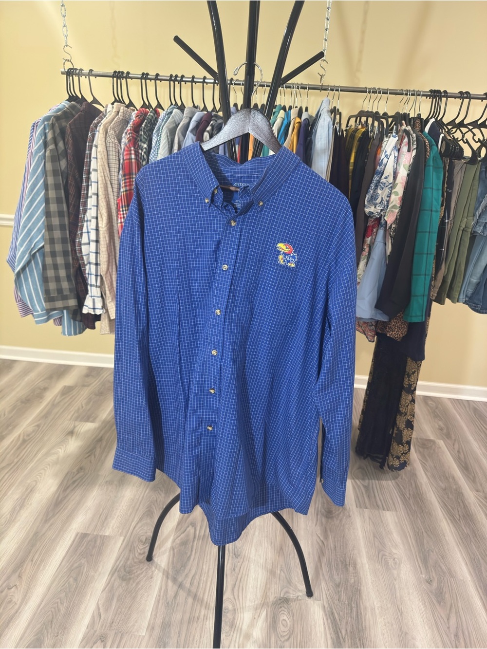 Jayhawks Men's Blue Checked Button-Down Shirt with Embroidered Logo